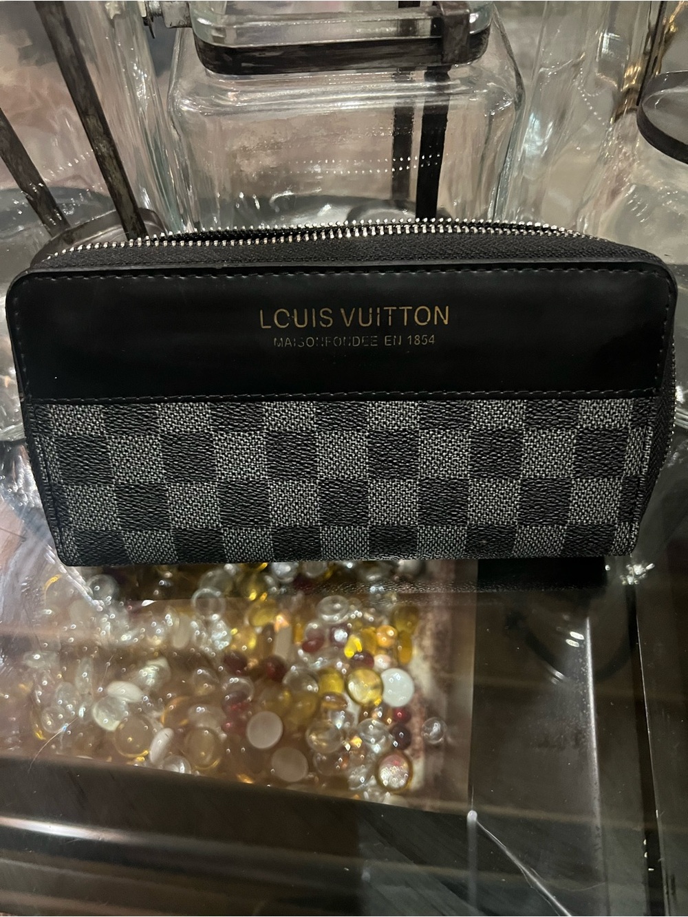 Checkerboard Zip Wallet in Black and Gray